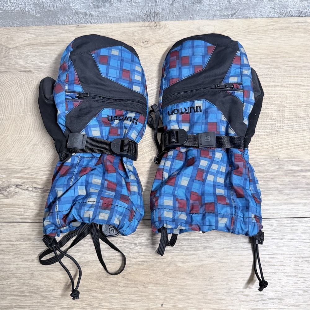 Burton Ski Mittens Size L Blue Plaid Winter Snow Gloves Adjustable Strap Warmth